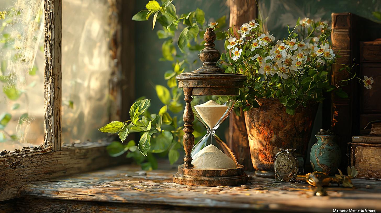 Hourglass on a wooden table symbolizes life's transient nature and the celebration of living.