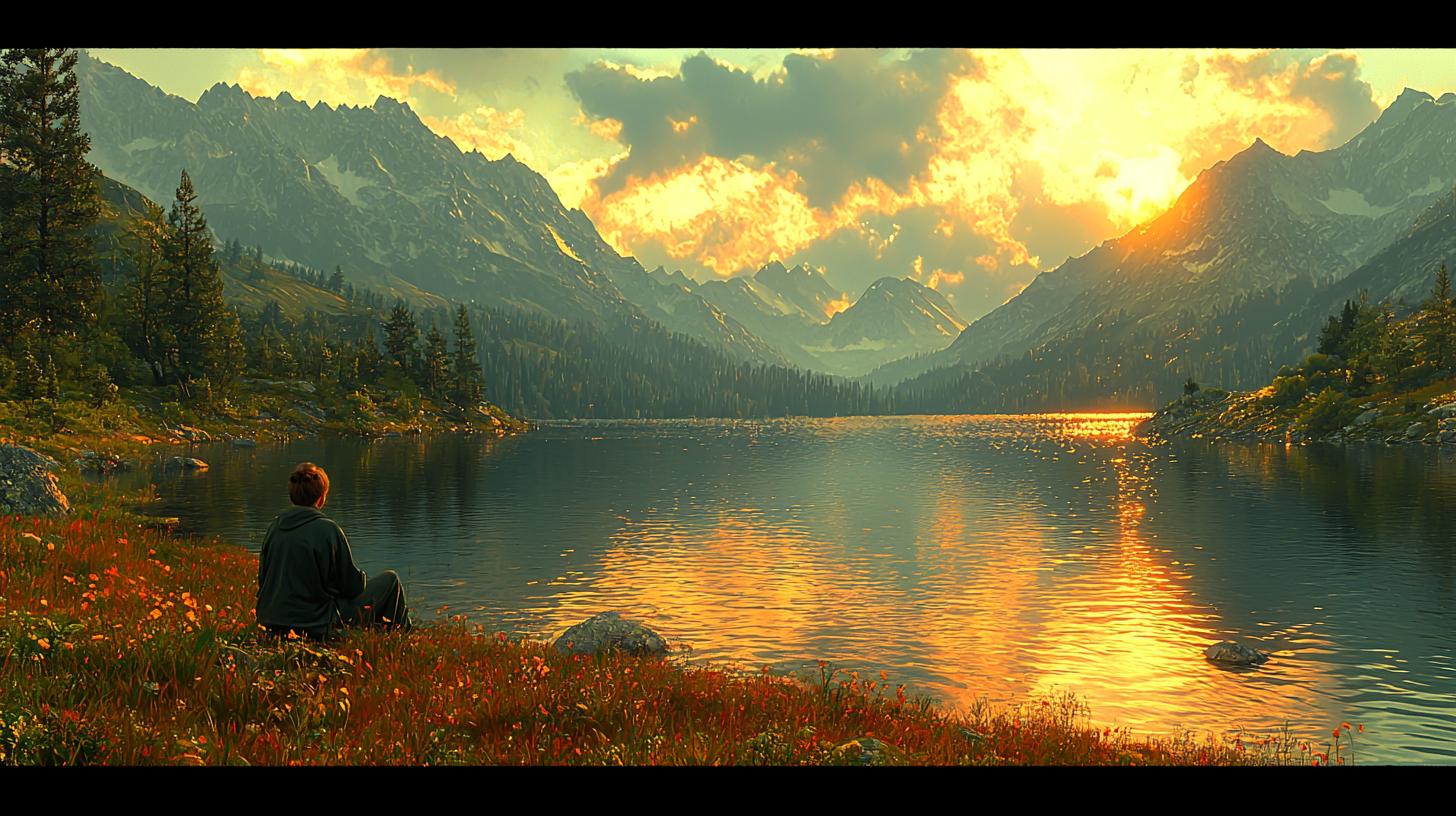 Traveler in serene landscape, meditating by tranquil emerald lake at sunset, surrounded by mountains.