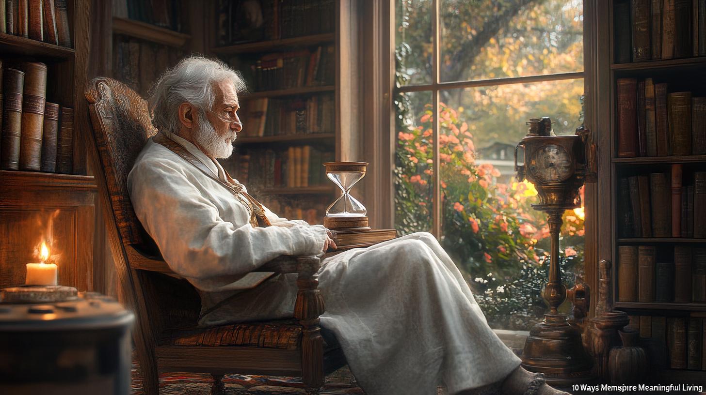 An elderly philosopher reflects in a dim study, surrounded by symbolic memento mori elements.