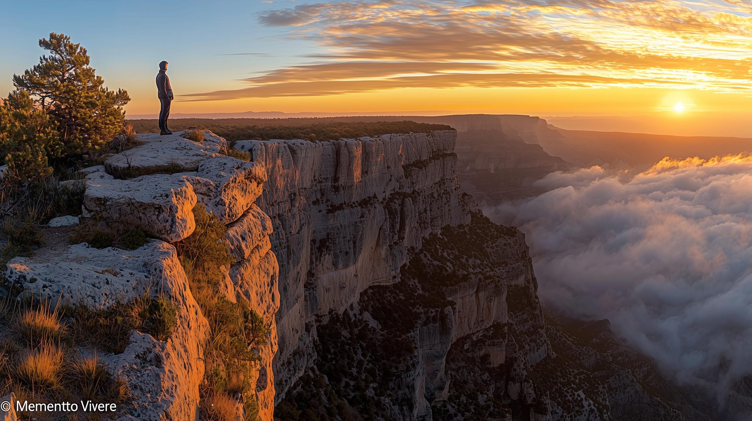 Traveler on mountain peak at dawn, arms outstretched, embracing breathtaking sunlit landscape.