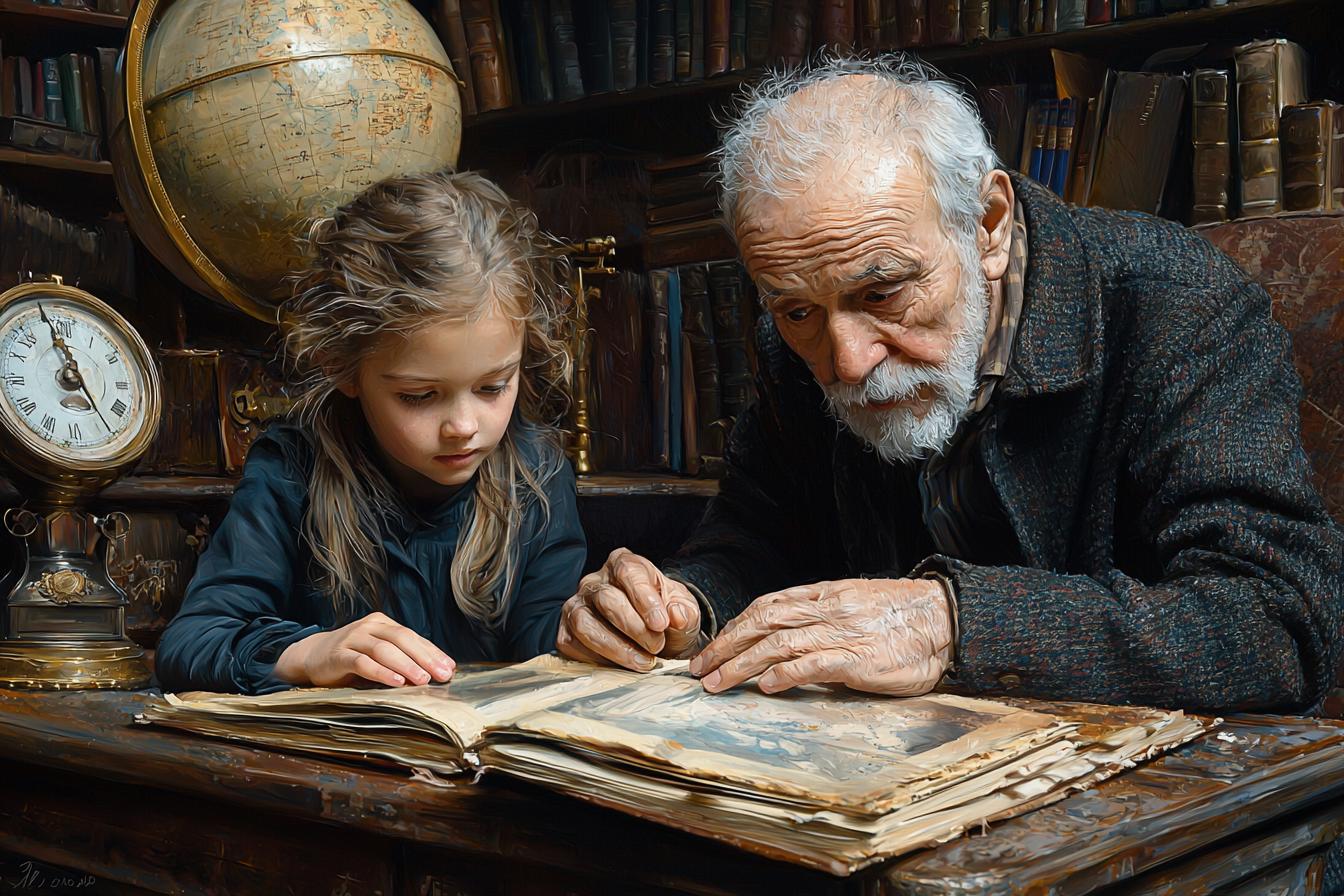 Elderly grandfather shares stories with curious granddaughter in a sunlit study, fostering connection.