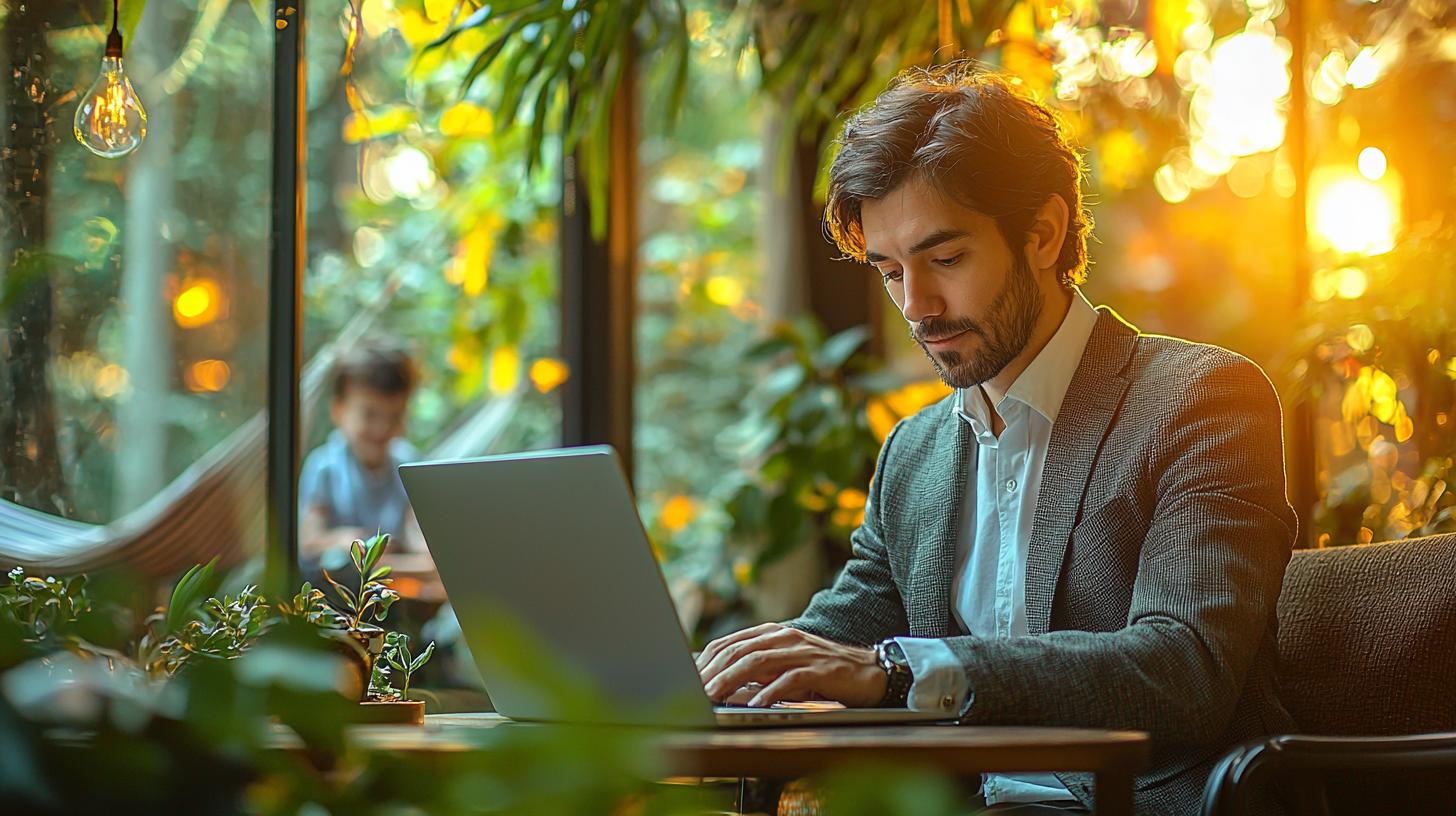 Professional in home office focused on laptop with vibrant garden and children outside.