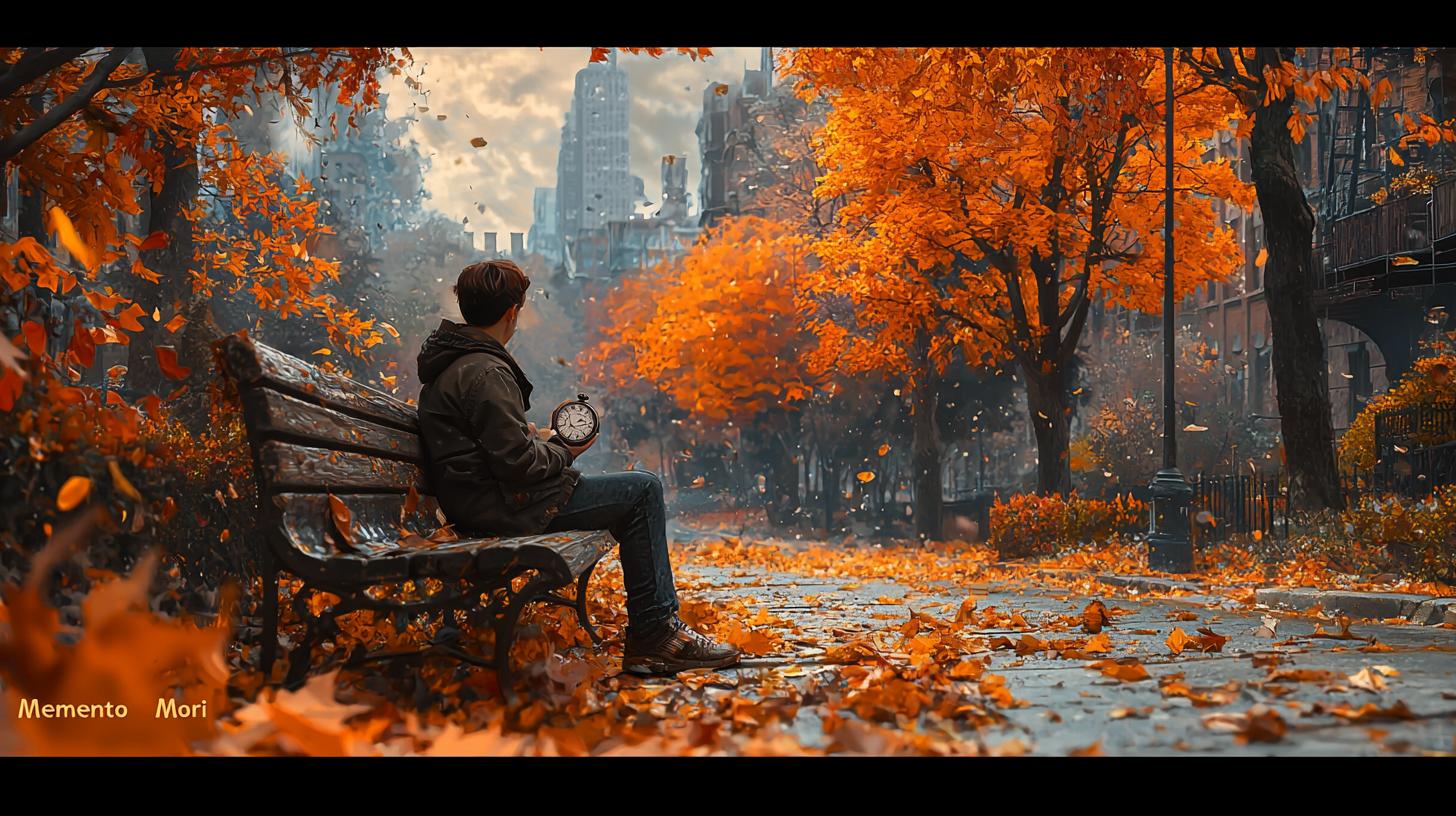 Person reflecting on time, holding watch on park bench with autumn leaves around.