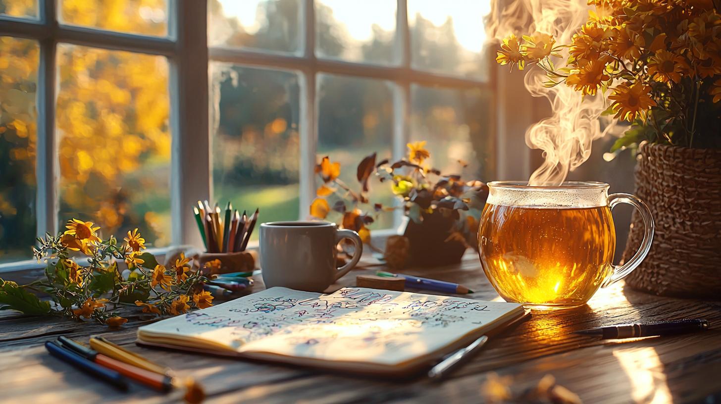 Person journaling at a wooden desk, surrounded by morning light and creative tools.