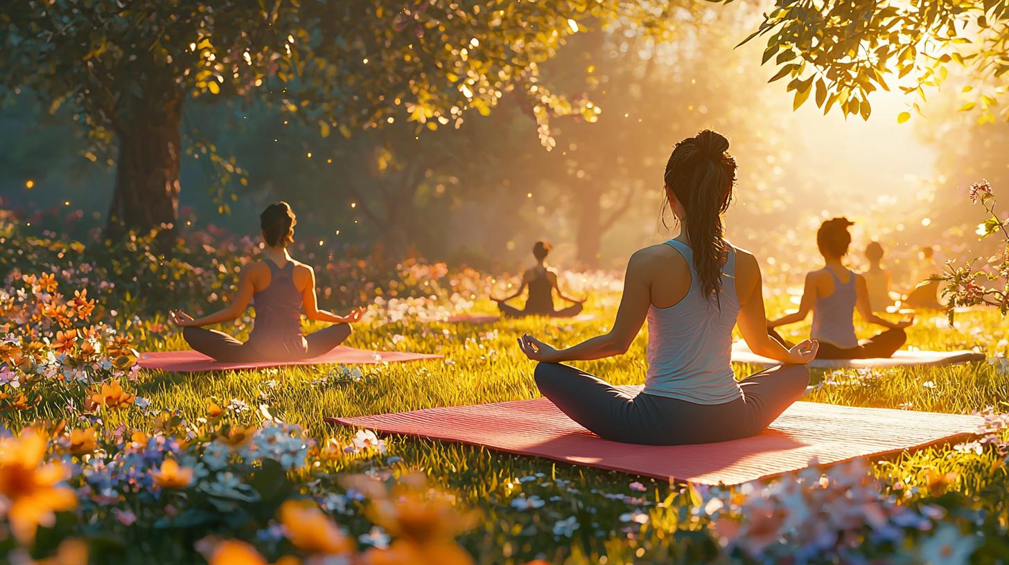 Diverse group practicing yoga outdoors in vibrant attire, surrounded by blooming garden, morning sunlight.