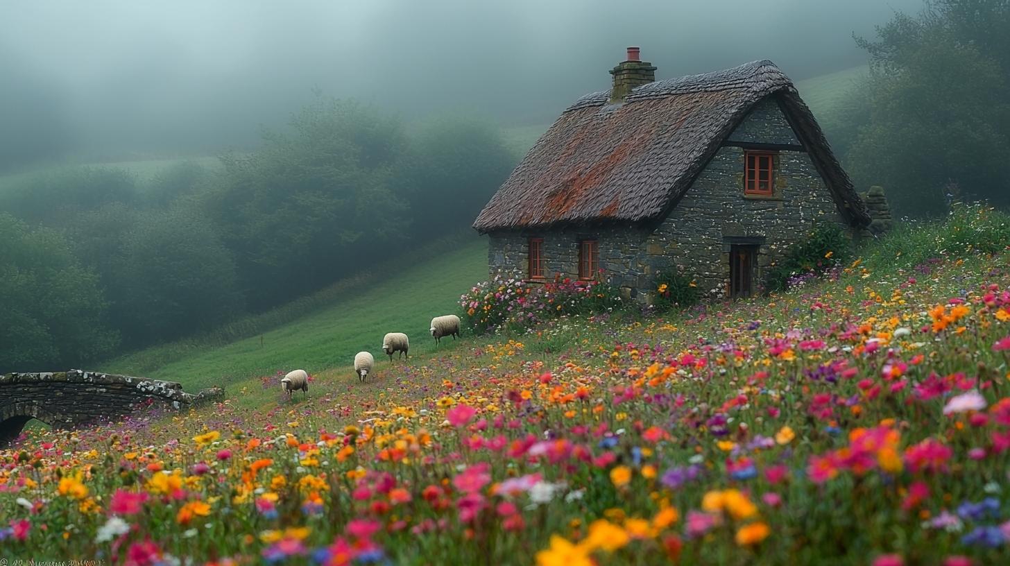 Hyperrealistic dawn captures English countryside, stone cottage, wildflowers, sheep, and stone bridge.