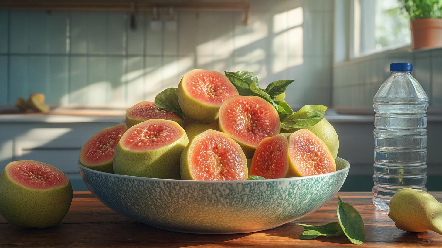 Vibrant bowl of juicy guavas with weight loss symbols, sunlight and lush greenery.