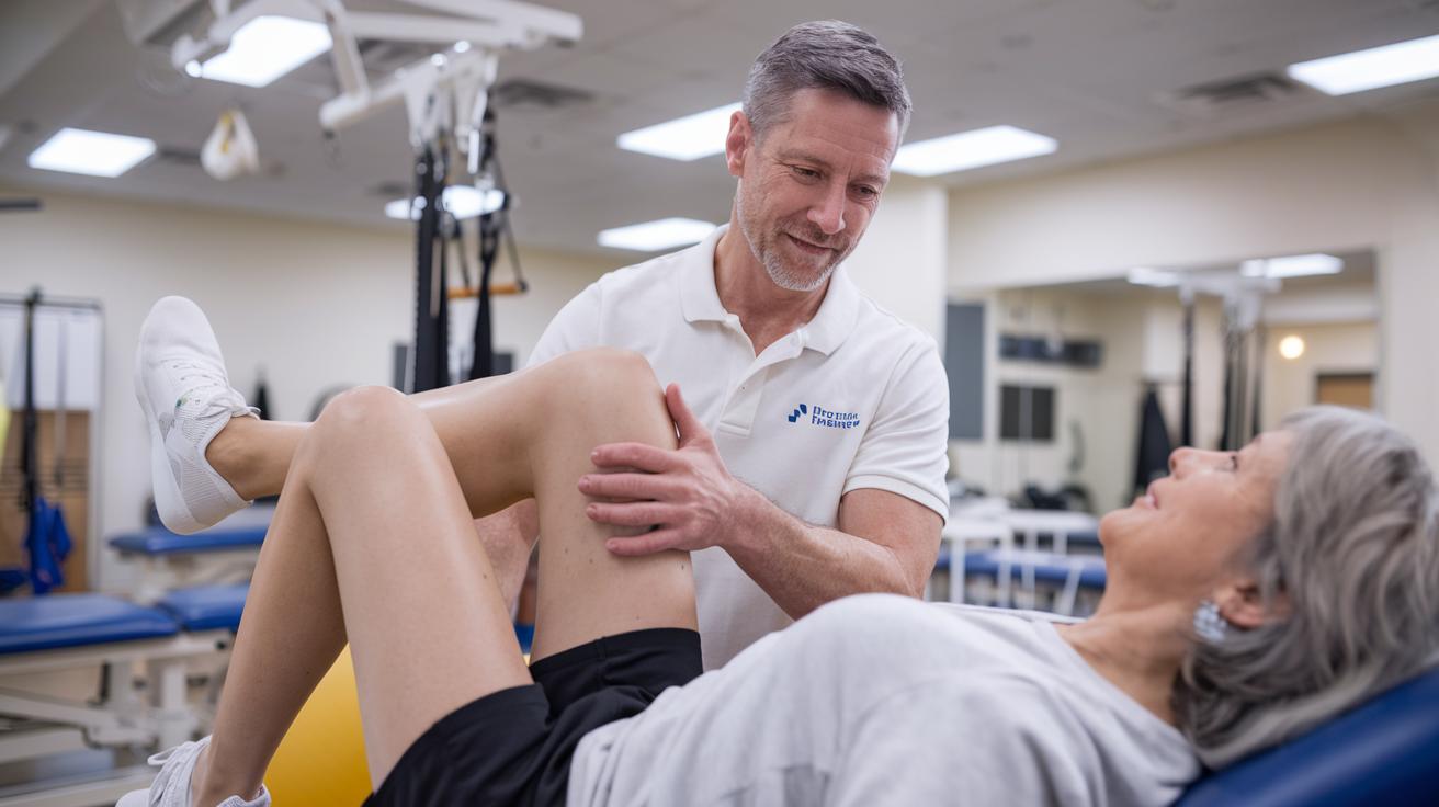 Dedicated physical therapist guides patient through leg raise exercise in well-equipped therapy center.