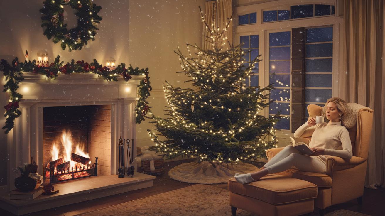 A serene woman reading by a fireplace, surrounded by festive decorations and snowfall.