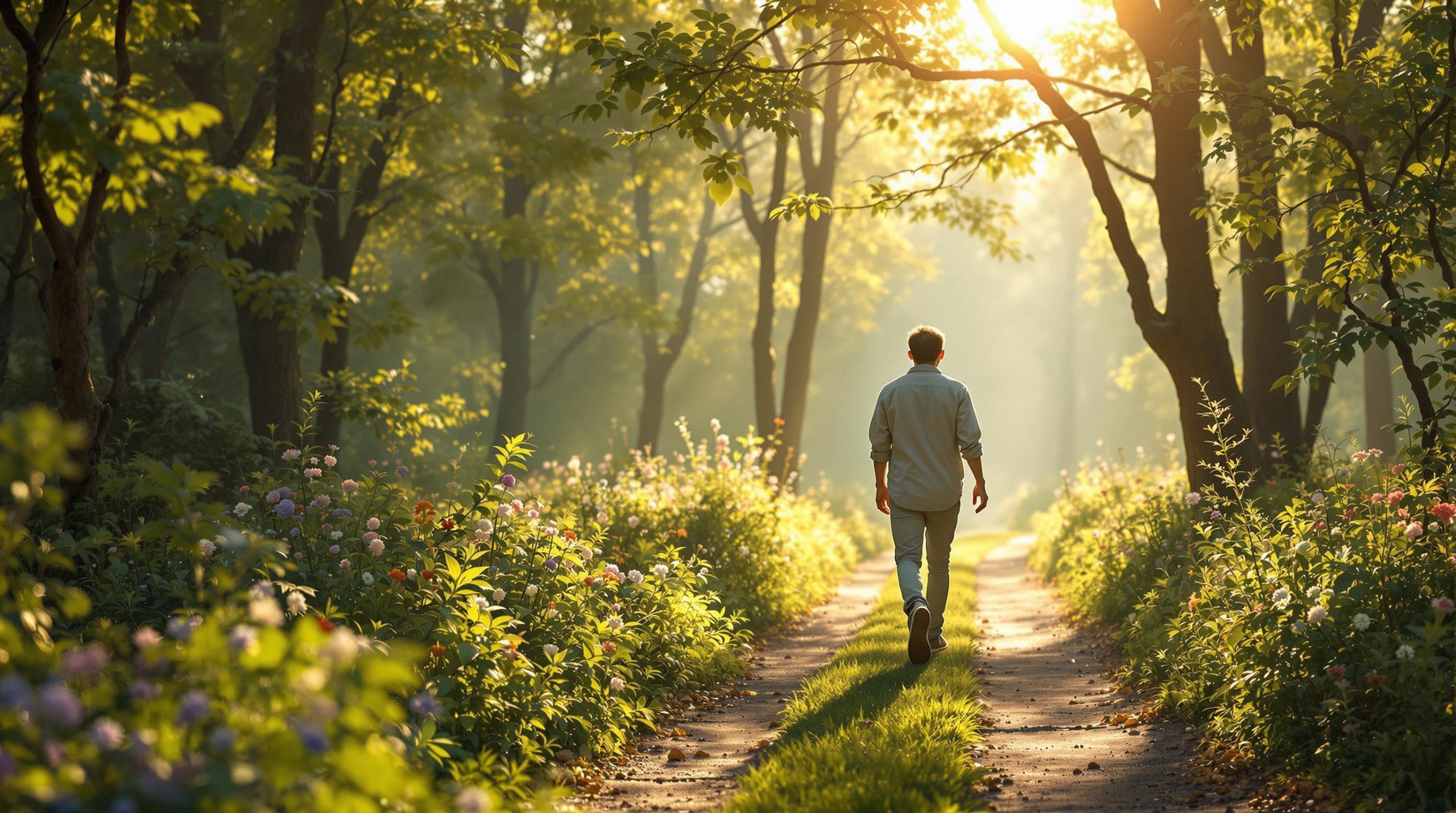 A serene individual walks along a sunlit forest path symbolizing clarity and vitality.