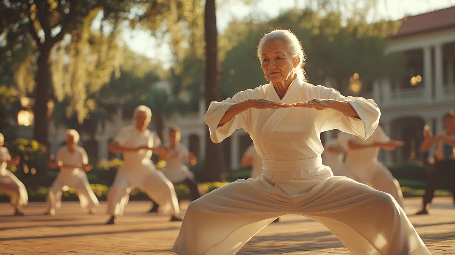 Elderly couple practicing Tai Chi in a serene park, promoting balance and longevity.