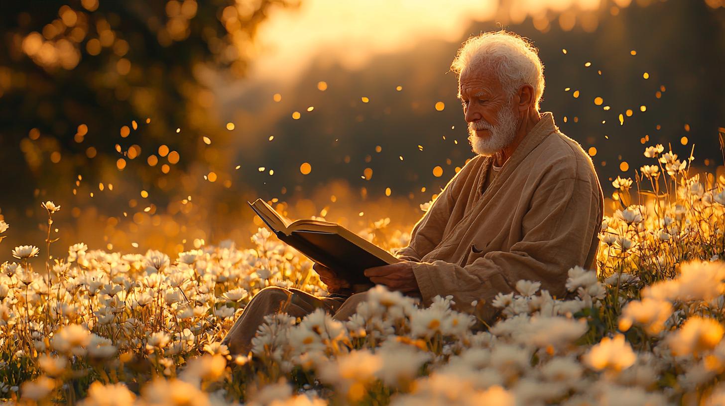 Elderly man reflecting in sunlit meadow, surrounded by wildflowers, holding an open book.