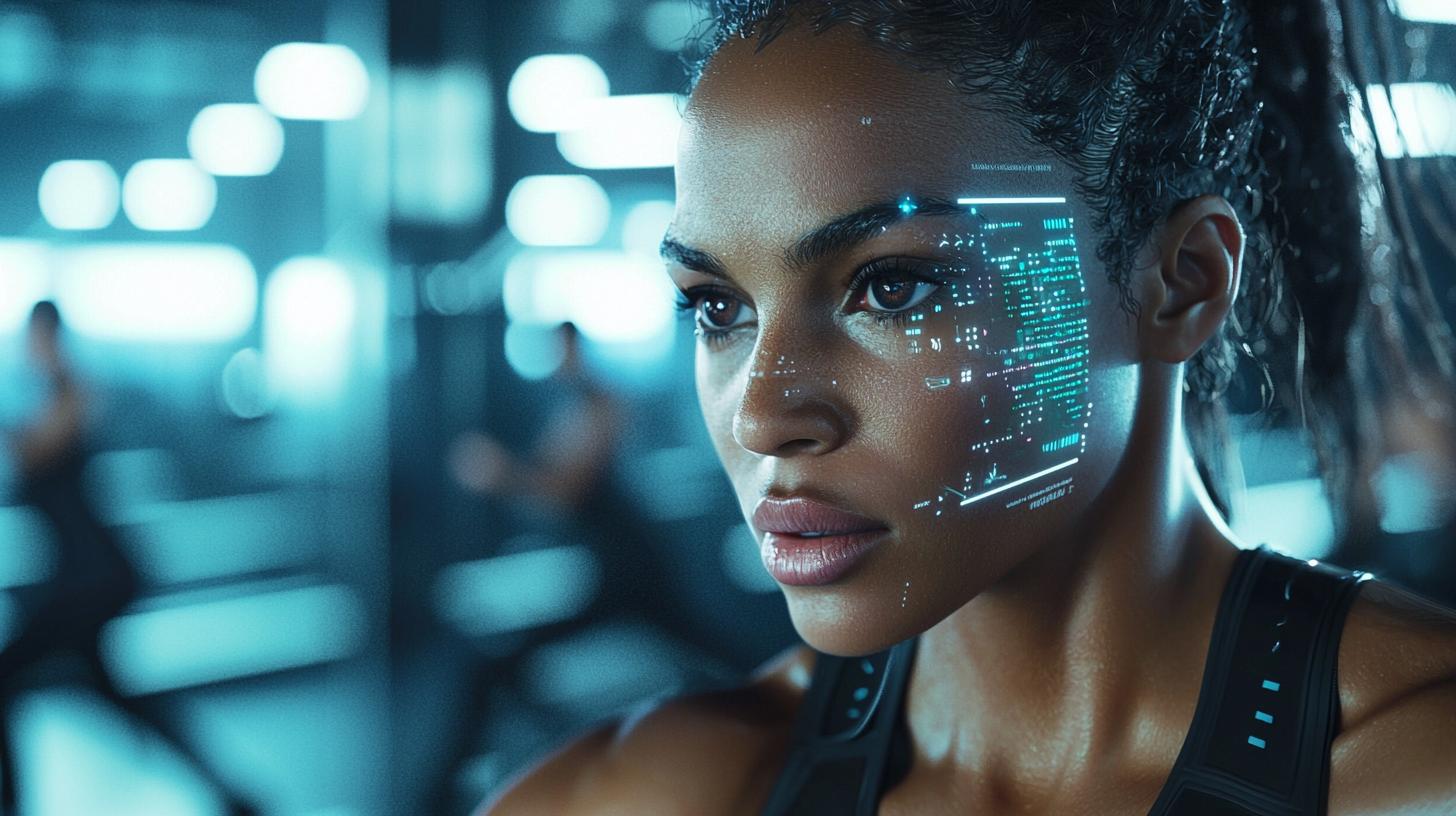 Athletes use advanced fitness wearables in a modern gym; holographic displays show real-time data.