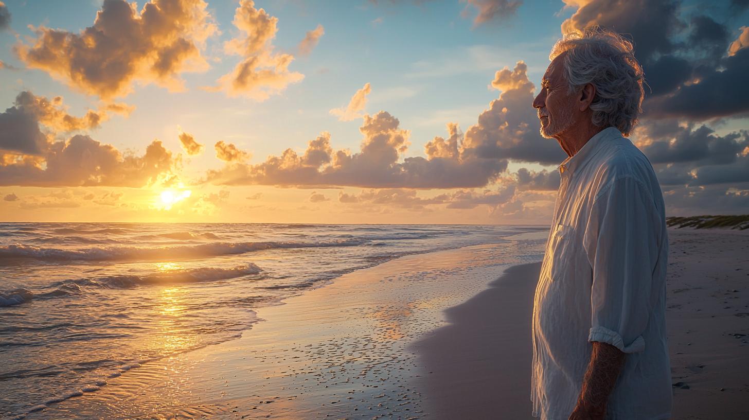 Elderly man reflects on life, standing by serene beach at breathtaking sunrise.