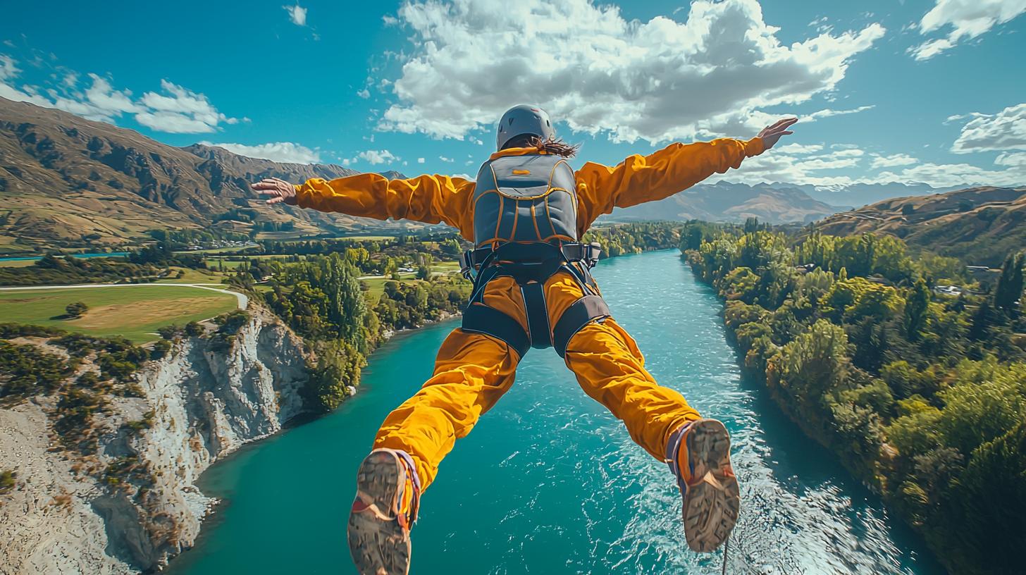 Daring adventurer bungee jumping from Kawarau Bridge, New Zealand, with scenic mountain backdrop.