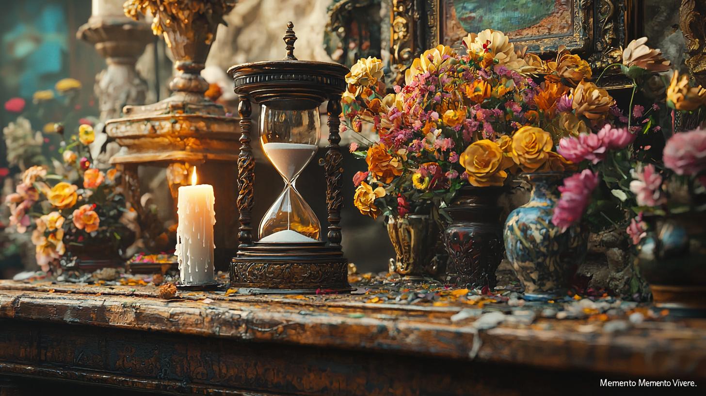 Intricately carved table with hourglass and vibrant flowers, symbolizing life and mortality.