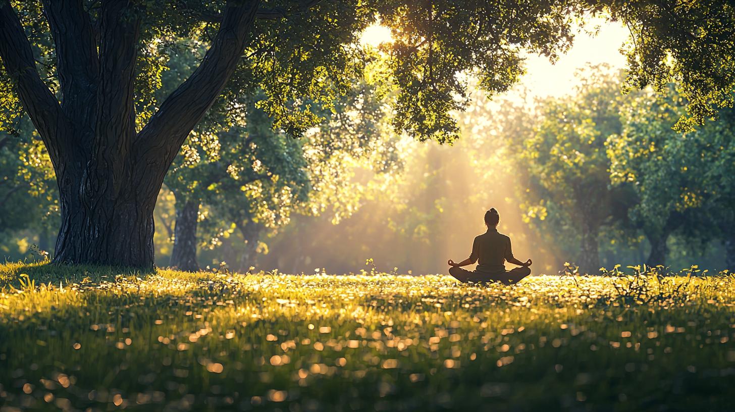 Qigong practitioner in sunlit meadow, surrounded by towering trees, exuding calm and focus.