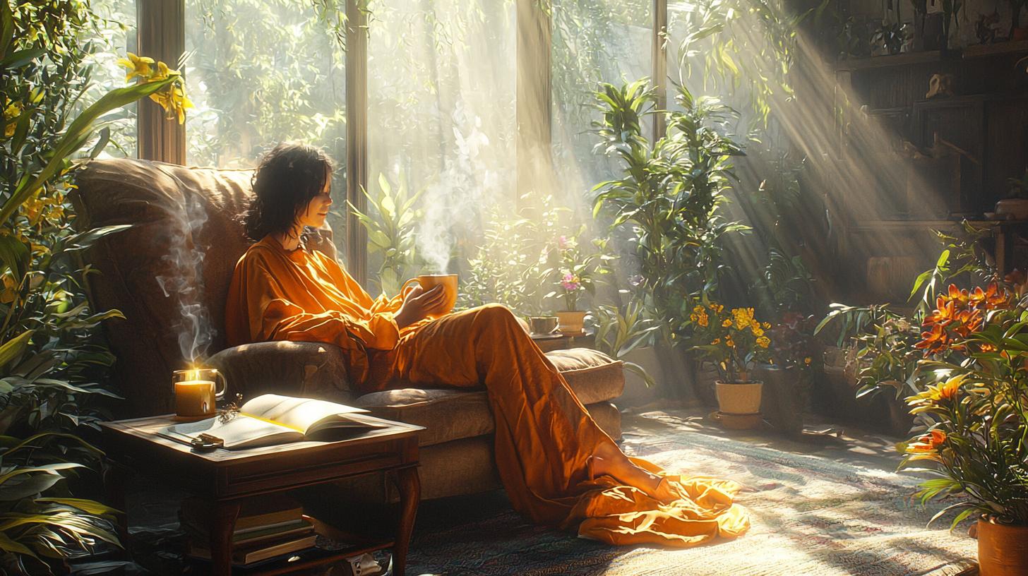 Person enjoying morning tea in a cozy, sunlit room with plants and flowers.