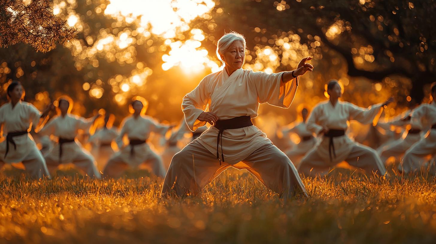 Diverse group practicing Tai Chi at sunrise in a serene park, exuding mindfulness and joy.