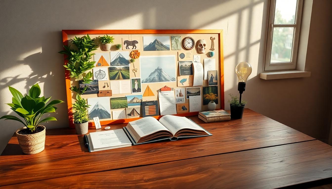 Vision board on rustic desk with symbols of growth, ambition, knowledge, and creativity.