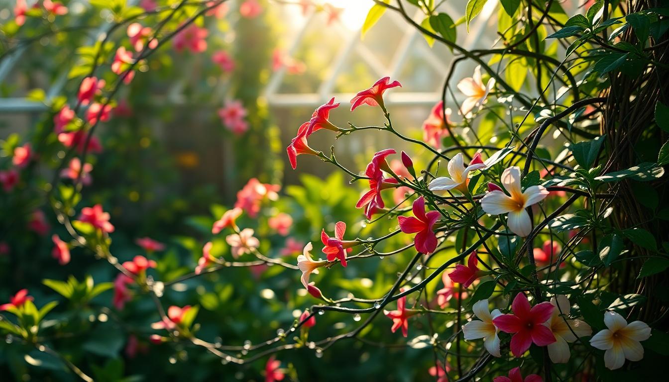 Intricate web of vibrant vines and blooming flowers, symbolizing love and connection in nature.