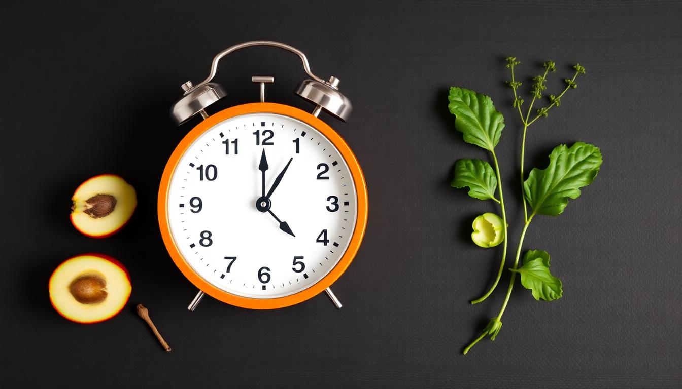 Still life of intermittent fasting: clock, fresh foods, empty plate, and water pitcher.