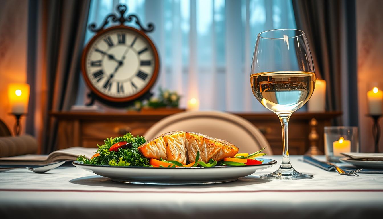 Elegantly presented grilled salmon dinner with vegetables, wine, and a clock at 7 PM.