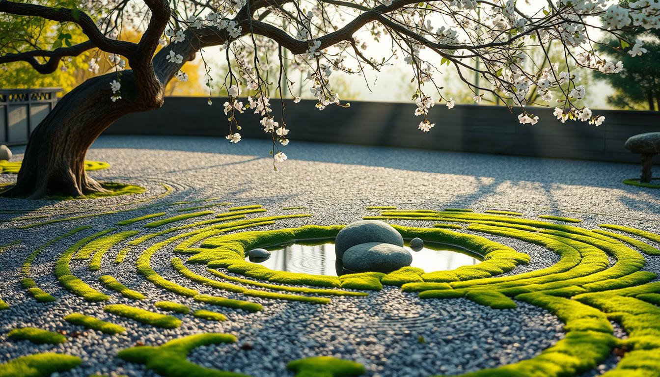 Serene Zen garden at dawn with raked gravel, stones, cherry blossoms, and mirror-like pond.