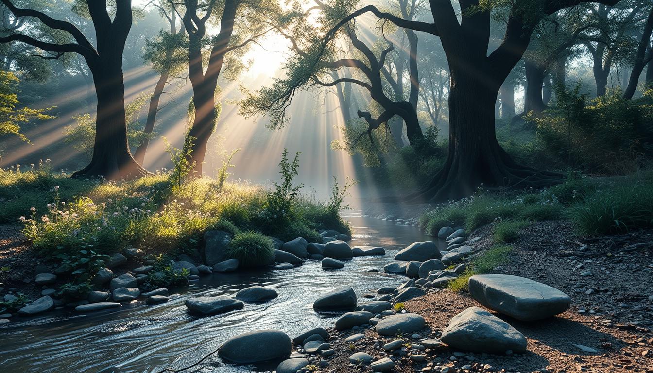 Serene forest clearing at dawn with mist, sunlight beams, brook, and smooth stones.