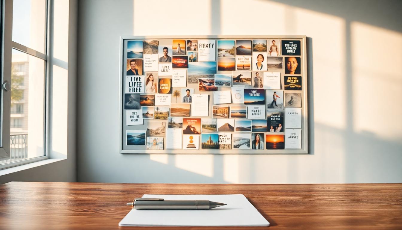 Hyperrealistic vision board with vibrant images and quotes in a modern workspace.