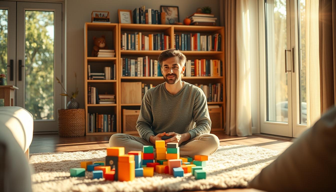 Modern parent balancing caregiving and self-identity in sunlit living room with child.