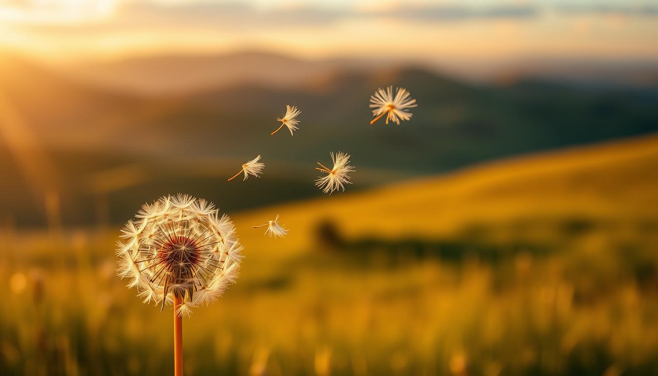 Dandelion seeds releasing into a golden sunset breeze, symbolizing freedom and new beginnings.