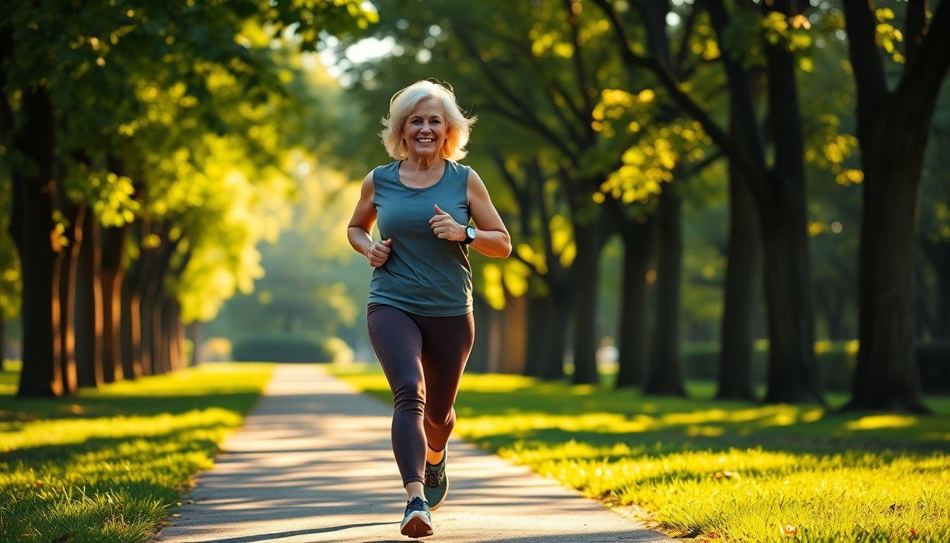 Determined woman walking briskly through a serene park path in early morning light.