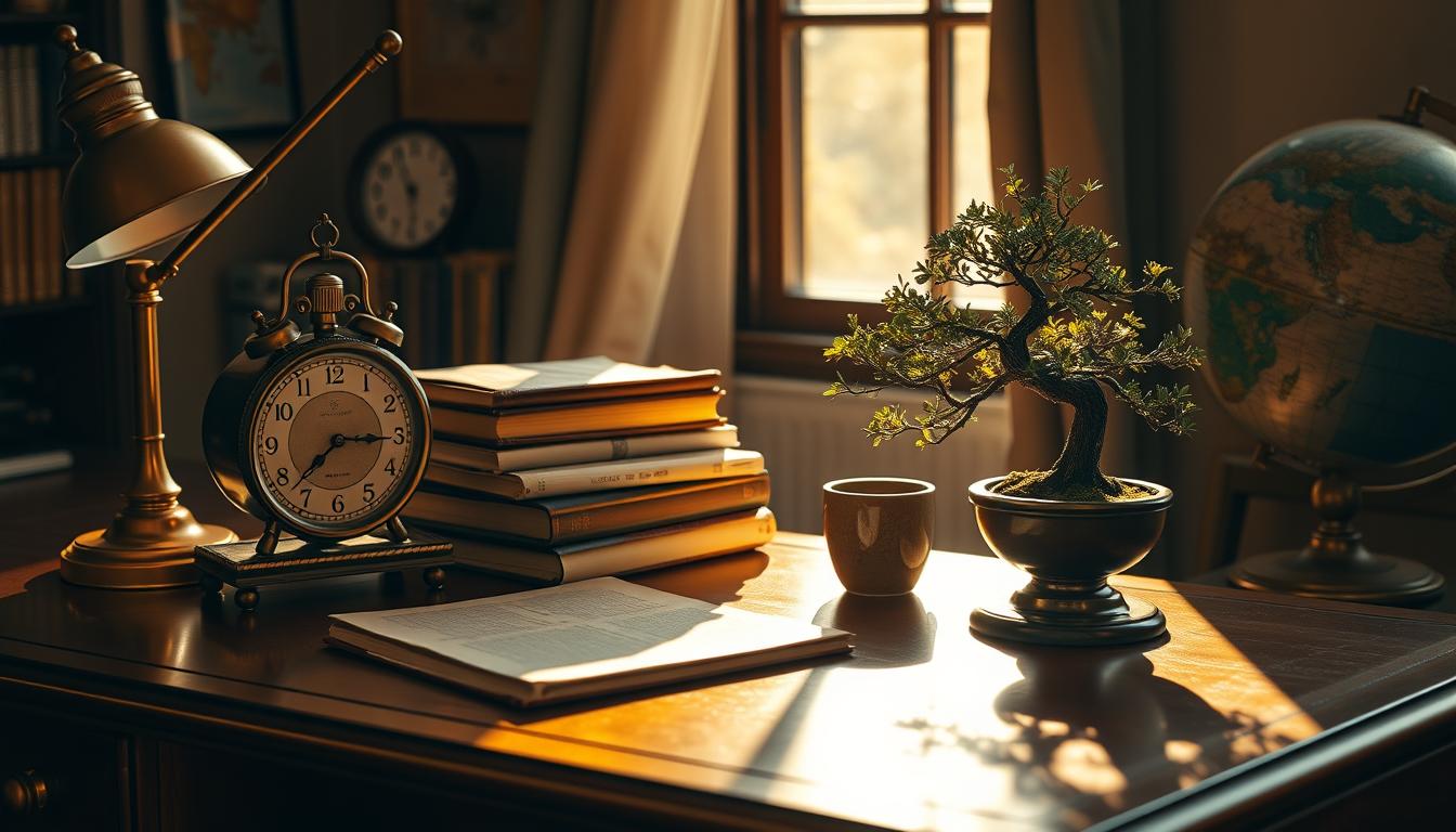 Hyperrealistic still life on a mahogany desk, symbolizing success and personal growth.