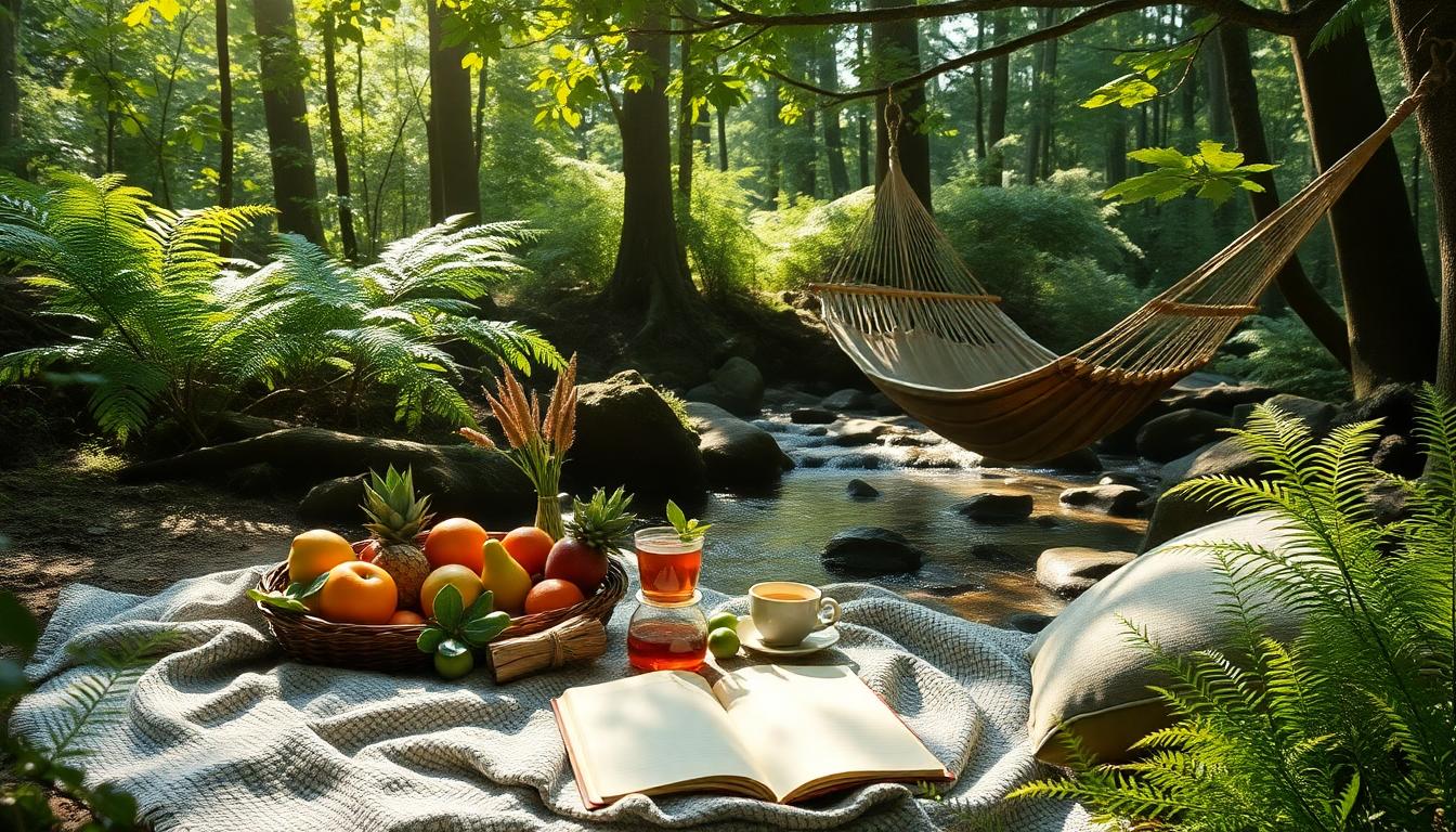 Serene forest glade sanctuary with picnic, journal, hammock, and soothing nature sounds.