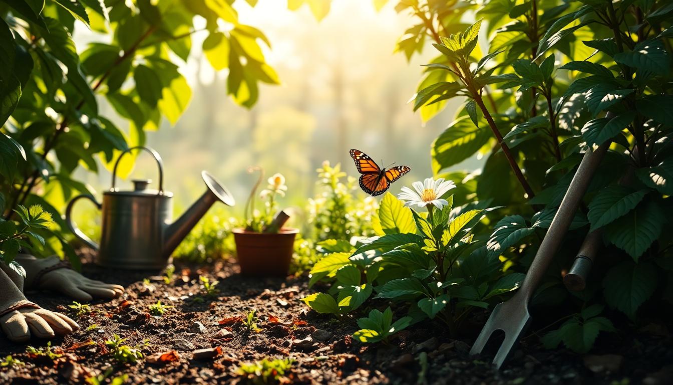 Sunlit room with a journal, herbal tea, plants, symbolizing growth and mindfulness.