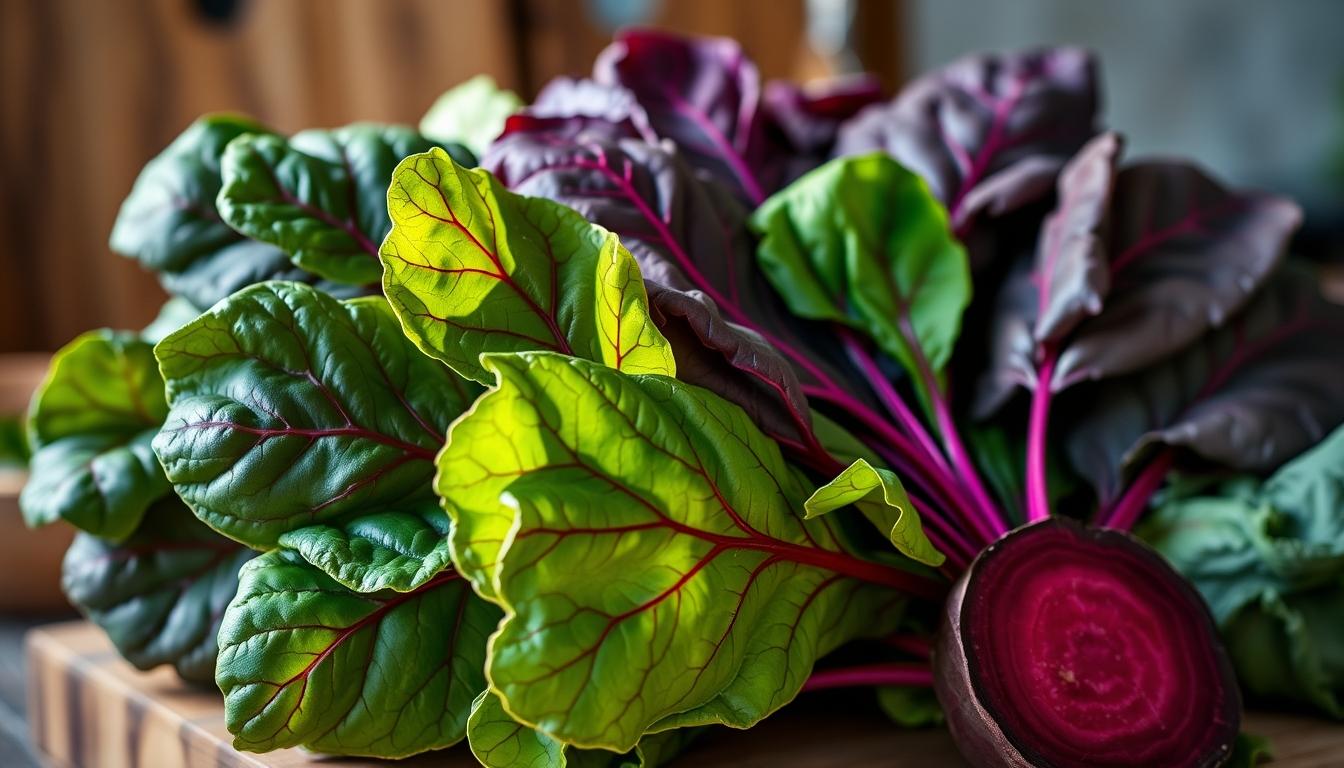 A hyperrealistic photo of fresh beetroot leaves with vibrant green and purple hues.