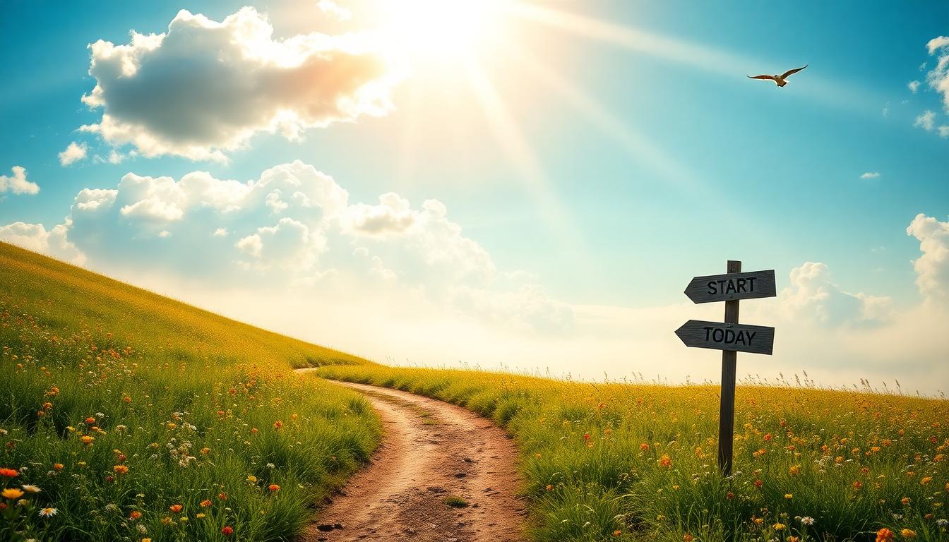 Sunlit path through vibrant meadow, wildflowers, sign reads 'Start Today', misty horizon.