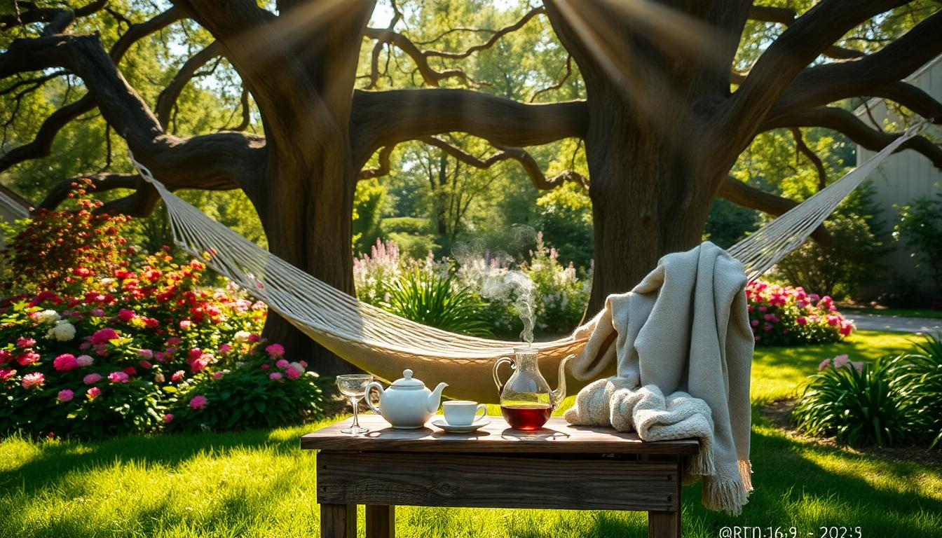 Tranquil garden with hammock, blooming flowers, steaming tea set, and sunlit serenity.