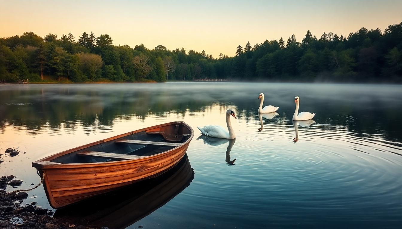 Peaceful lakeside at dawn with a wooden rowboat, swans, and gentle morning mist.