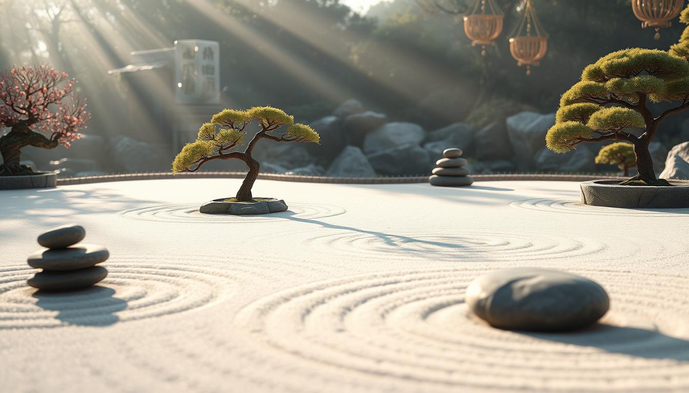 Tranquil Zen garden at dawn with raked sand, stones, and illuminated bonsai trees.