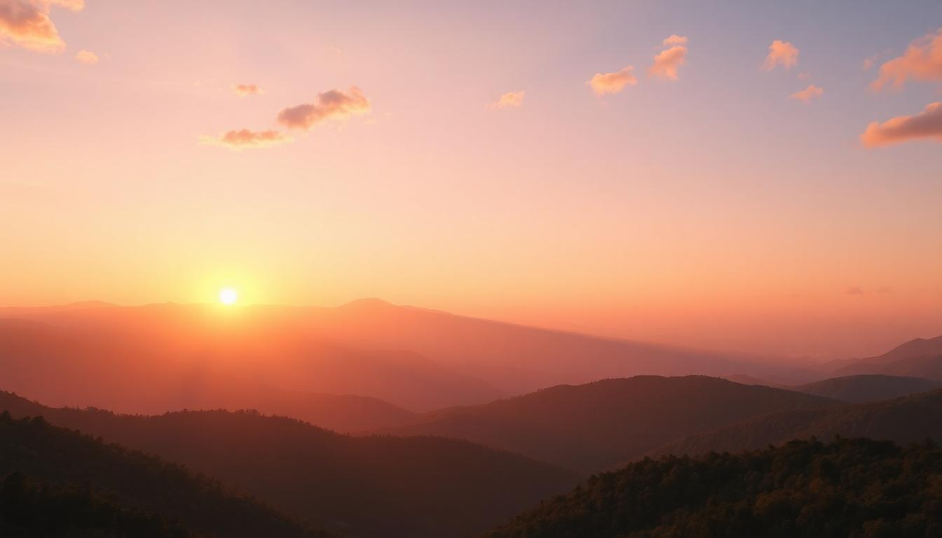 Tranquil sunrise over mountain range, vibrant sky colors symbolizing peace and new beginnings.