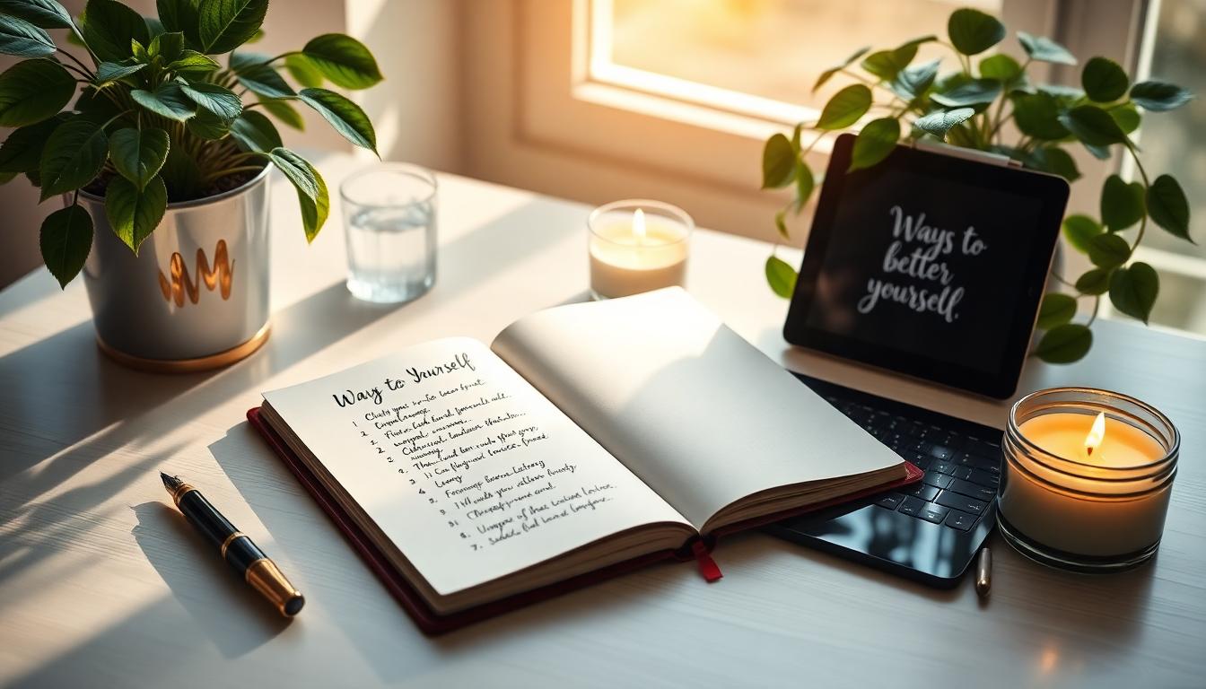 Sunlit workspace with journal, pen, plant, tablet, and candle promoting self-improvement.