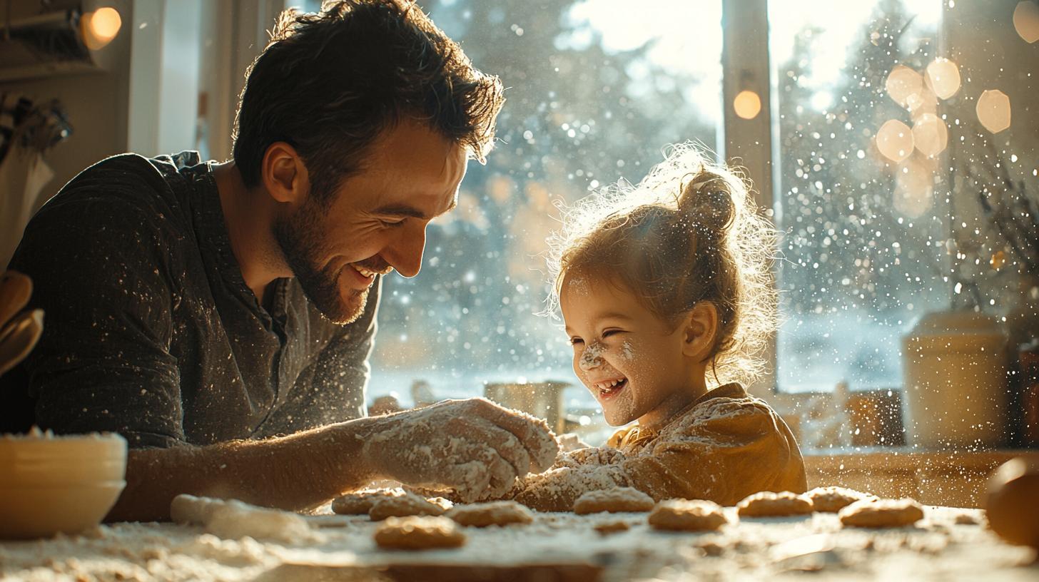 Parent and child joyfully baking cookies in a sunlit, cluttered kitchen. Flour everywhere.