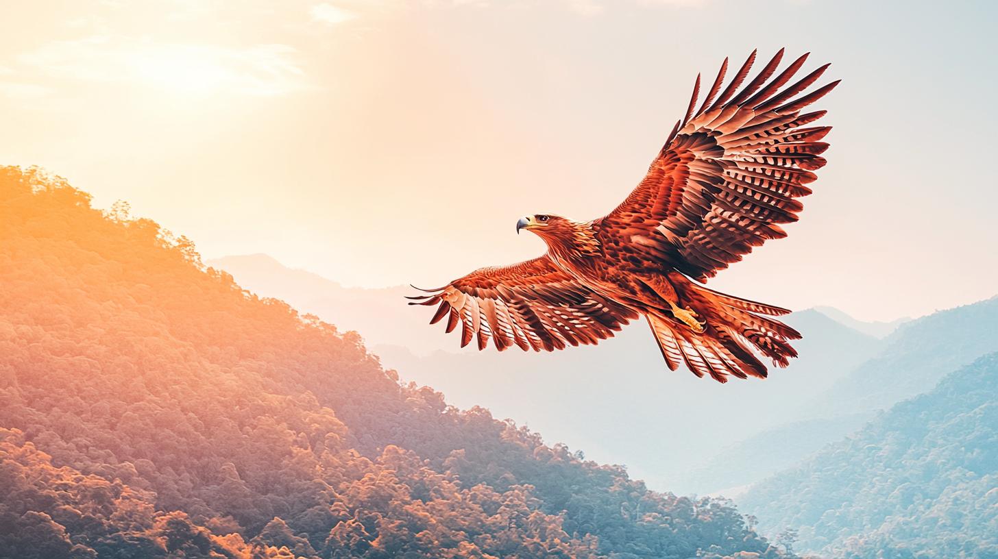 Majestic eagle soaring above storm cloud in golden sunset, symbolizing freedom and hope.