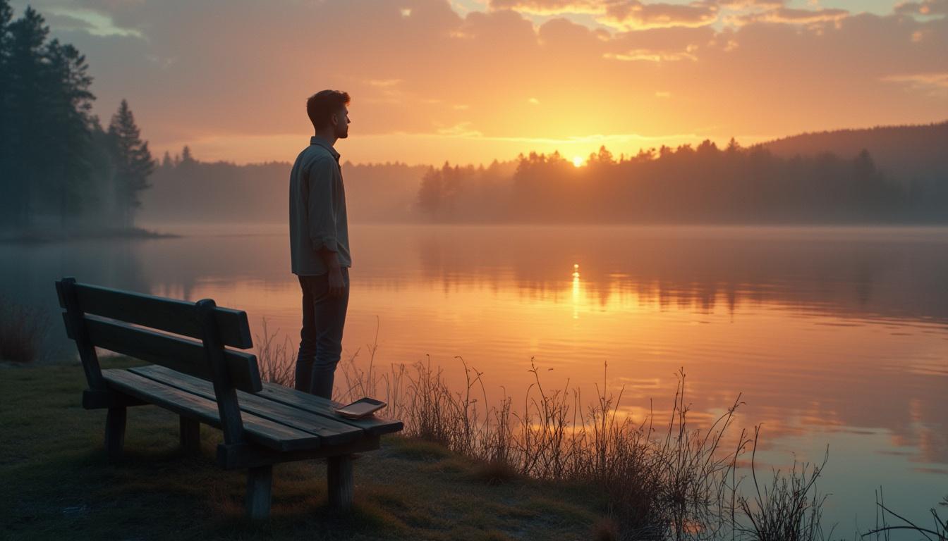 Individual finds peace and clarity by disconnecting from social media at sunrise lake.