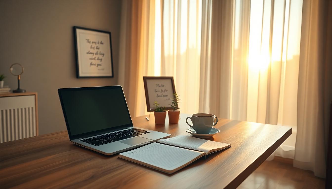 A serene home workspace with morning sunlight, organized desk, and motivational elements.