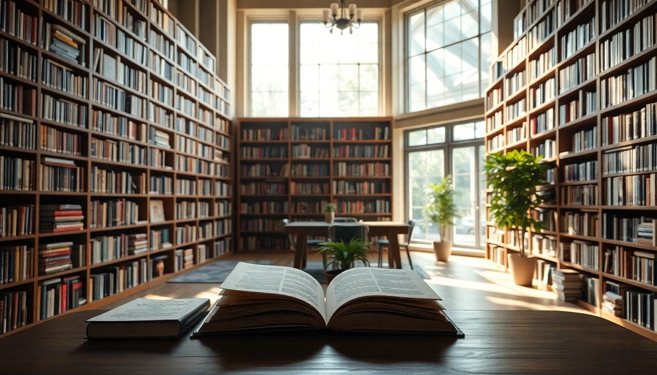 A tranquil library with books, soft light, and a plant symbolizing personal growth.