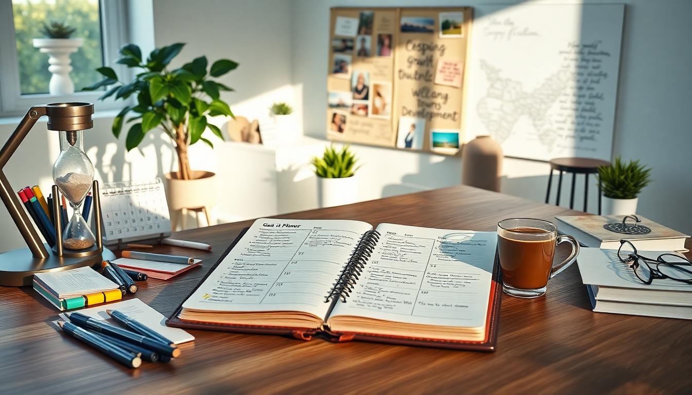 A serene, organized workspace with planner, notes, books, hourglass, plant, and vision board.