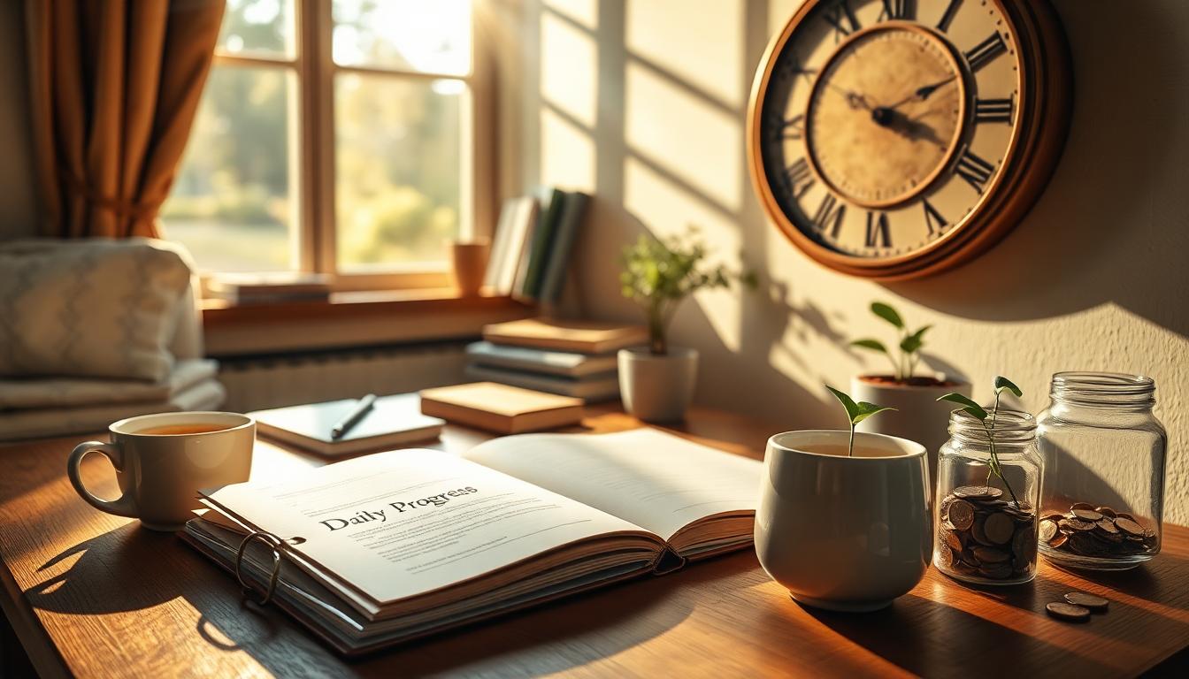 Minimalist workspace at sunrise with notebook, herbal tea, plant; evokes calm and focus.